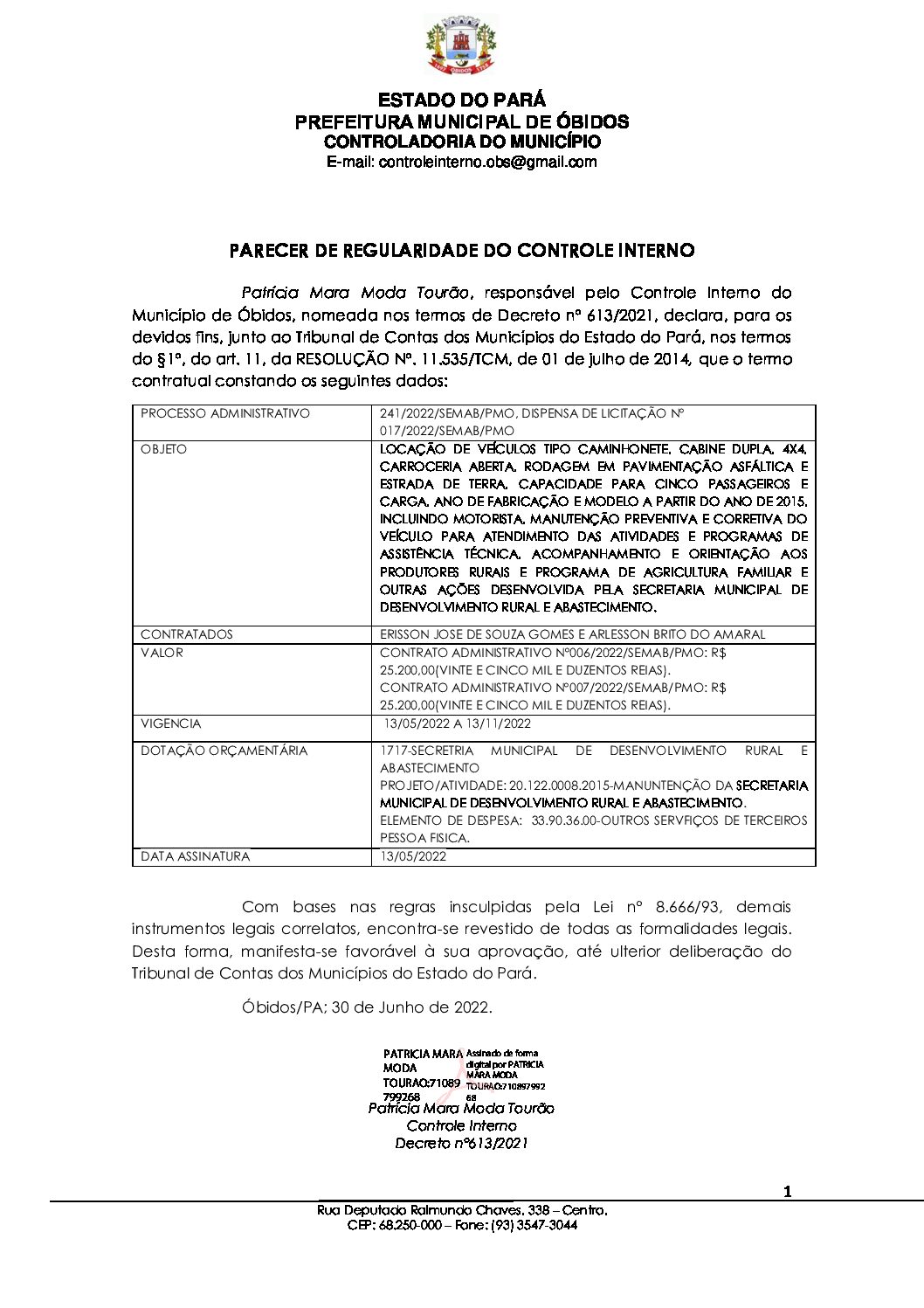 PARECER FINAL DISPENSA 017.2022.LOCAÇÃO VEICULO SEMAB - Prefeitura ...
